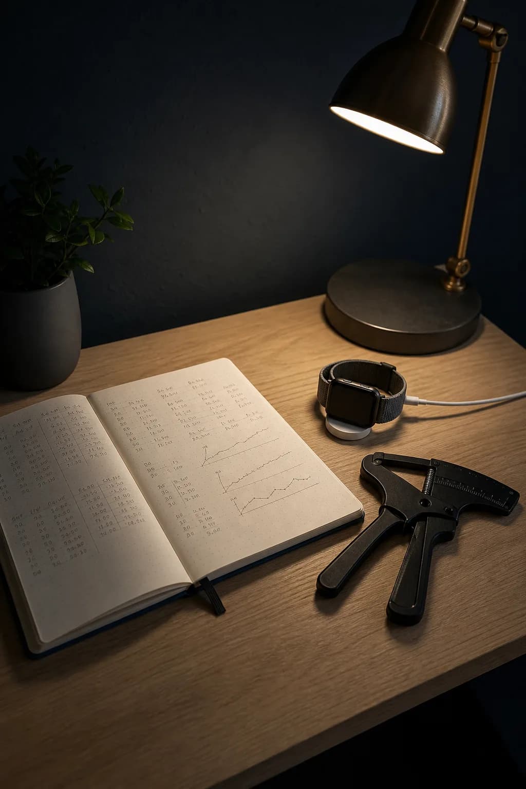 A desk at night with a notebook of handwritten measurements, calipers, and a smartwatch