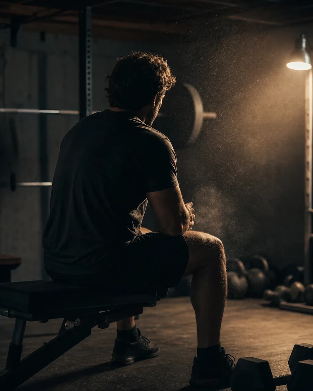 A lifter resting on a bench between sets in a dim home gym, chalk dust in warm lamplight