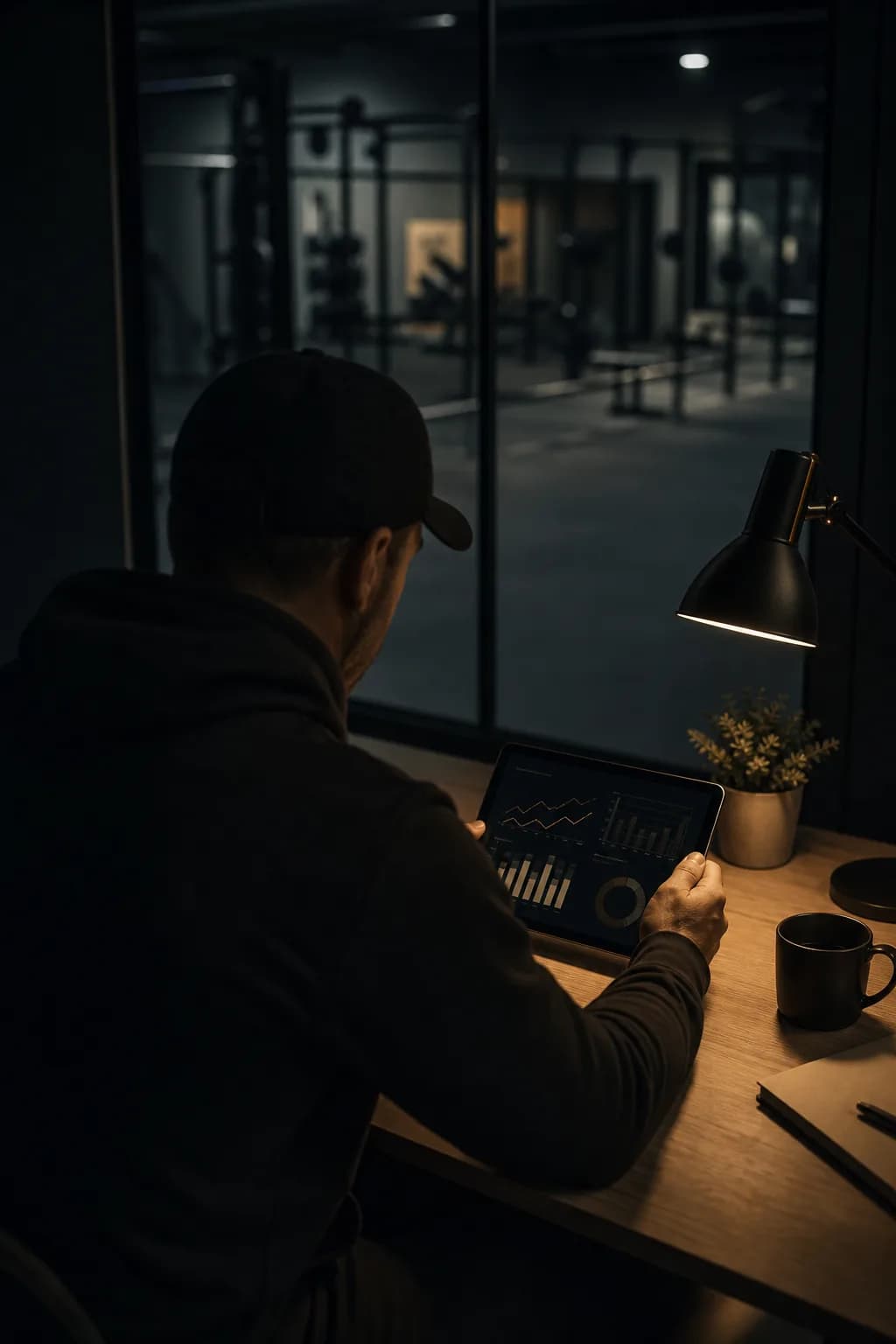 A coach reviewing a client's progress charts on a tablet in a dim office above a training floor